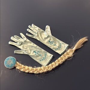 Chic Embroidered Satin blue Gloves and fake braided hair. Frozen. Halloween.